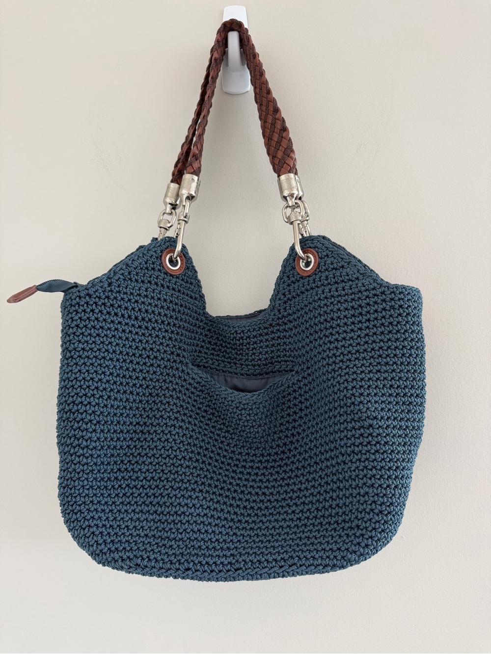 The Sak Blue Crochet Knit Hobo Shoulder Bag Braided Leather Strap Boho Purse
